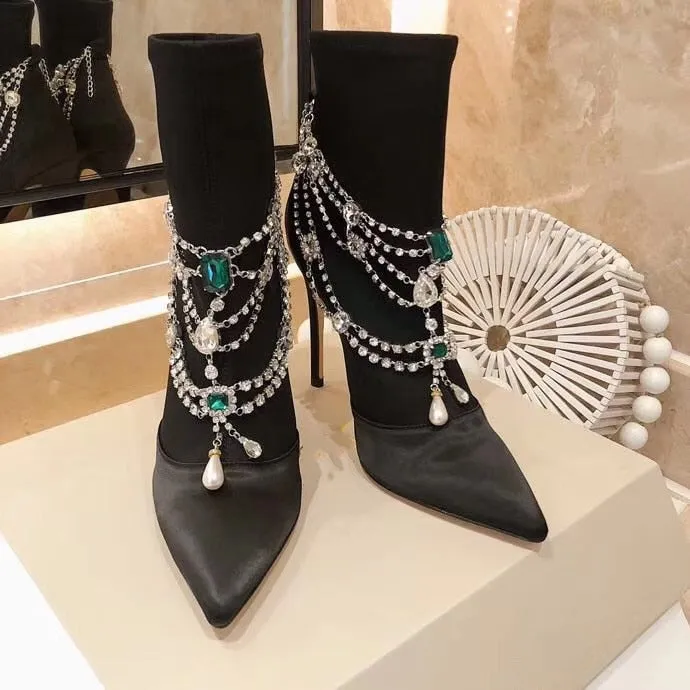 Women Pointed Toe Silk Ankle Boots Crystal Chain Strap