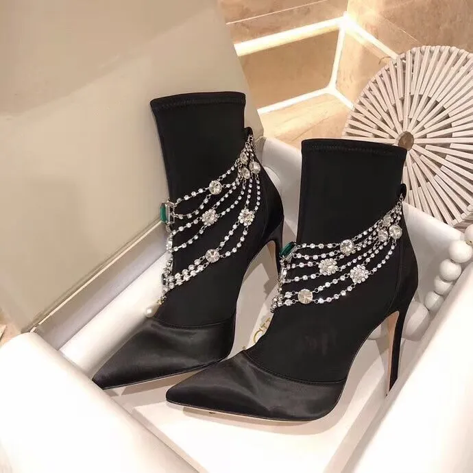 Women Pointed Toe Silk Ankle Boots Crystal Chain Strap