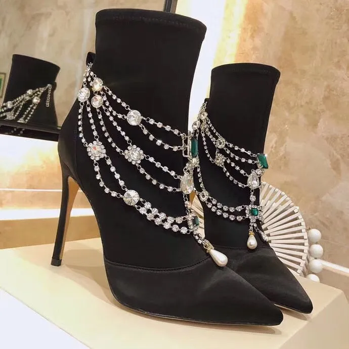 Women Pointed Toe Silk Ankle Boots Crystal Chain Strap