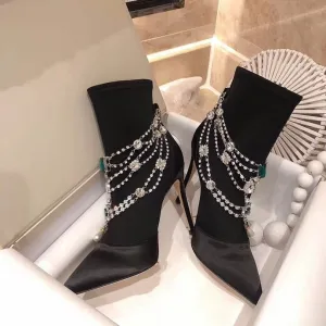 Women Pointed Toe Silk Ankle Boots Crystal Chain Strap