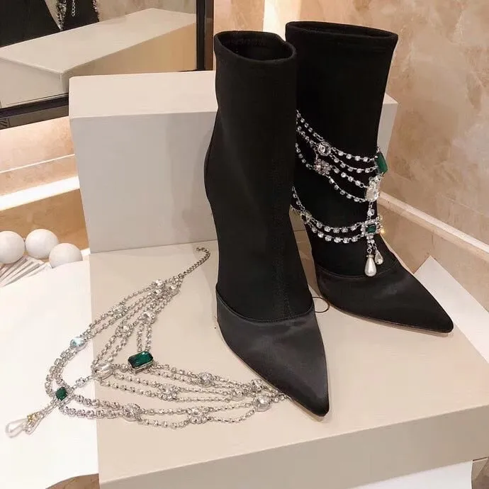 Women Pointed Toe Silk Ankle Boots Crystal Chain Strap