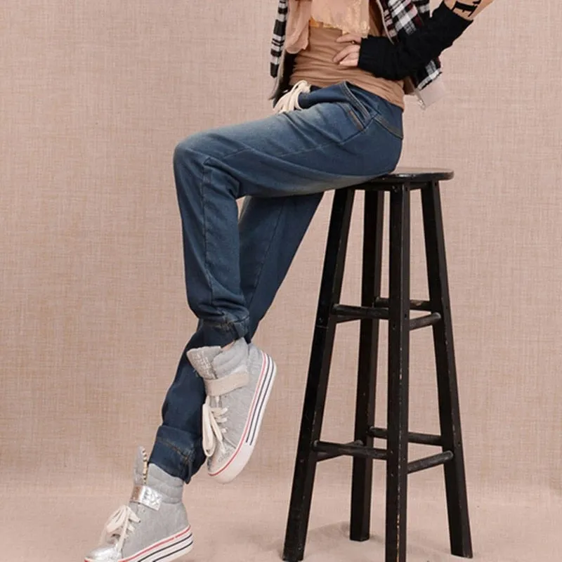 Women Thicken Fleece Skinny Harem Pants Trousers Elastic Waist Denim