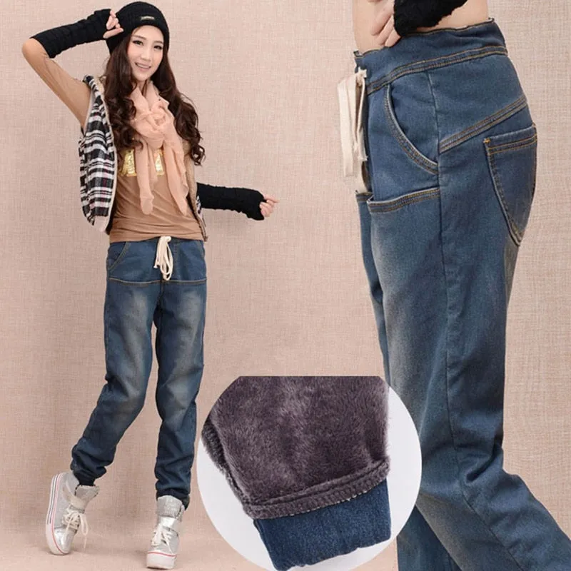 Women Thicken Fleece Skinny Harem Pants Trousers Elastic Waist Denim