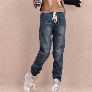 Women Thicken Fleece Skinny Harem Pants Trousers Elastic Waist Denim