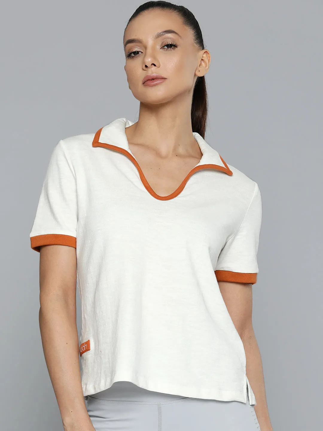 Women White Solid Polo Collar Organic Cotton Anti Odour T-shirt