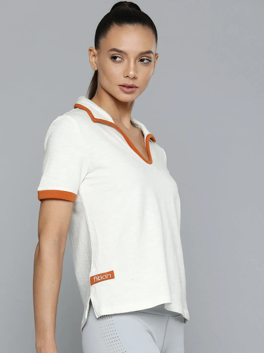 Women White Solid Polo Collar Organic Cotton Anti Odour T-shirt