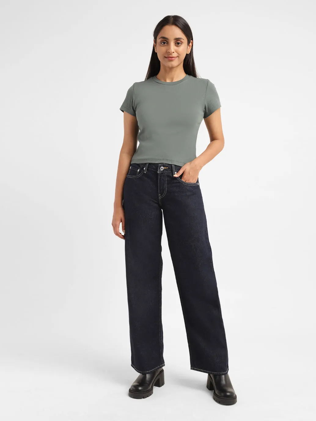 Women's 94 Navy Blue Wideleg Fit Mid Rise Jeans