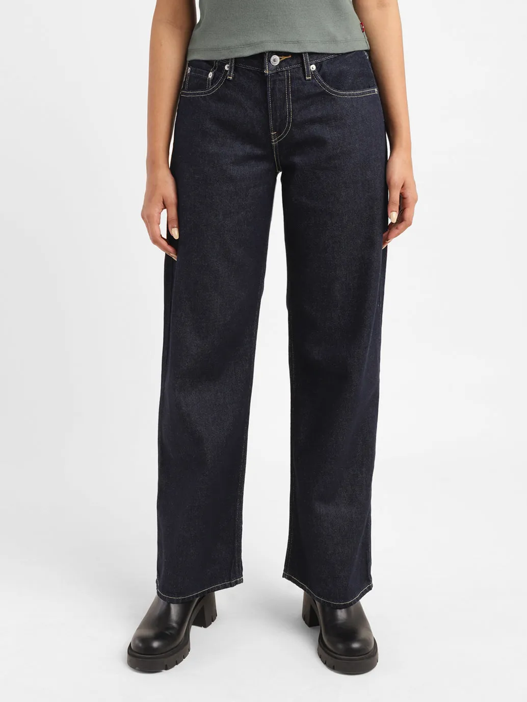 Women's 94 Navy Blue Wideleg Fit Mid Rise Jeans