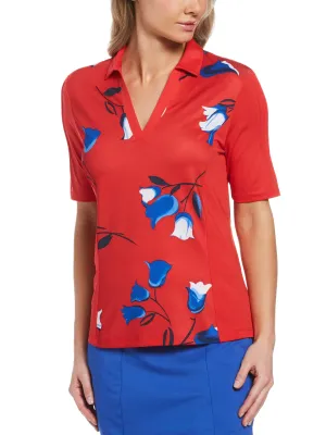 Womens Allover Floral Print Polo