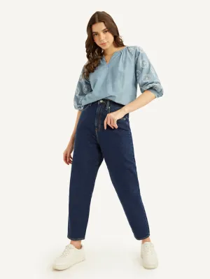 Women's Blue Loose Tapered Fit High Rise Jeans