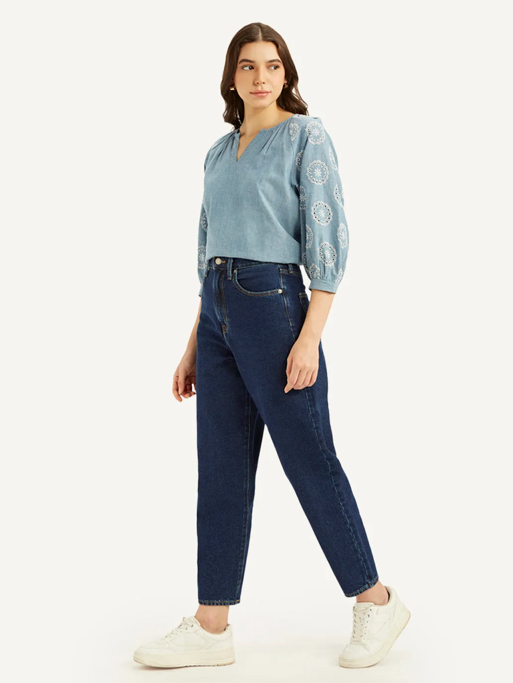 Women's Blue Loose Tapered Fit High Rise Jeans