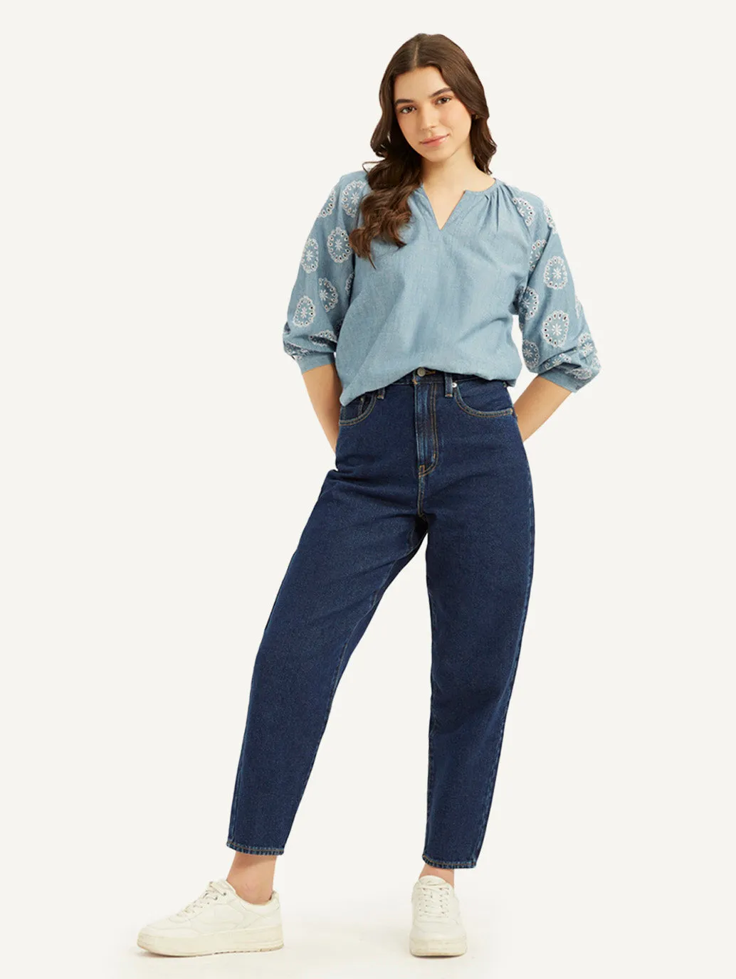 Women's Blue Loose Tapered Fit High Rise Jeans
