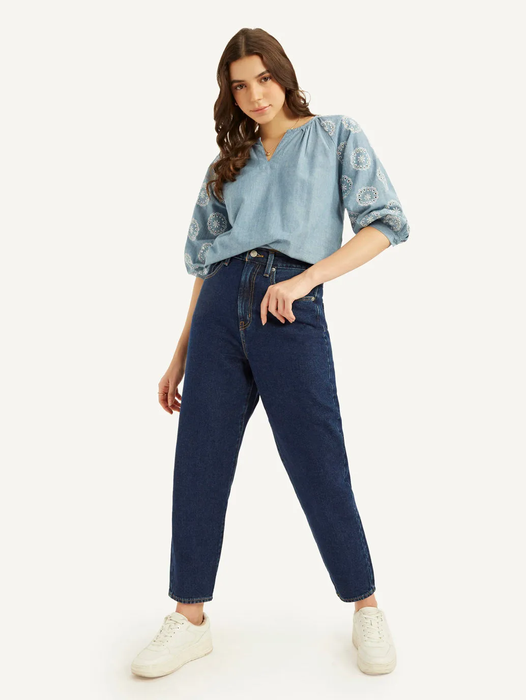 Women's Blue Loose Tapered Fit High Rise Jeans