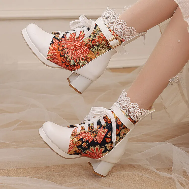 Women's Floral Printed Lace Block Heel Platform Ankle Boots