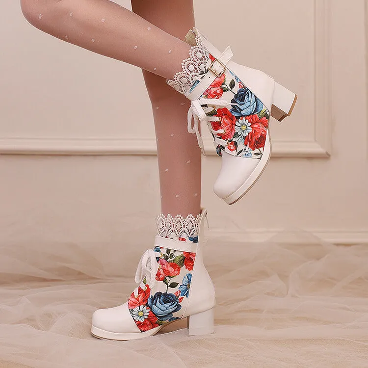 Women's Floral Printed Lace Block Heel Platform Ankle Boots