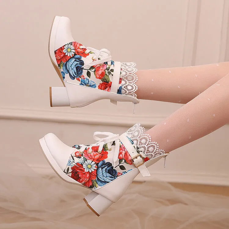 Women's Floral Printed Lace Block Heel Platform Ankle Boots