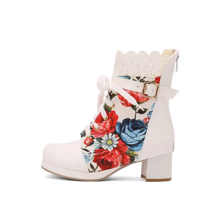 Women's Floral Printed Lace Block Heel Platform Ankle Boots