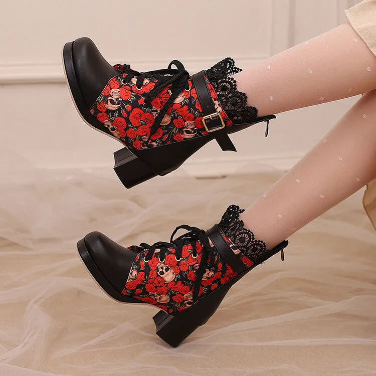 Women's Floral Printed Lace Block Heel Platform Ankle Boots