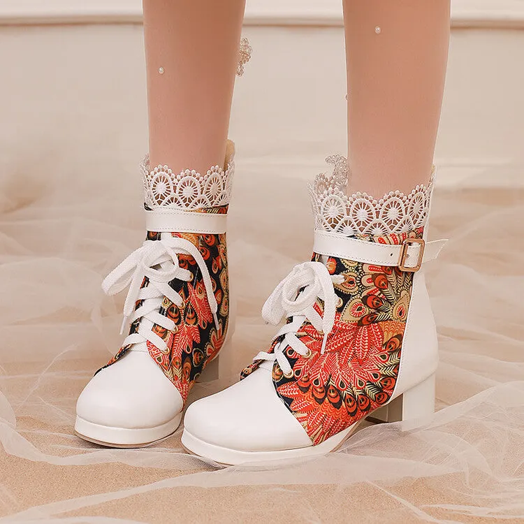 Women's Floral Printed Lace Block Heel Platform Ankle Boots