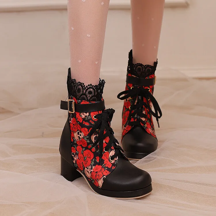 Women's Floral Printed Lace Block Heel Platform Ankle Boots