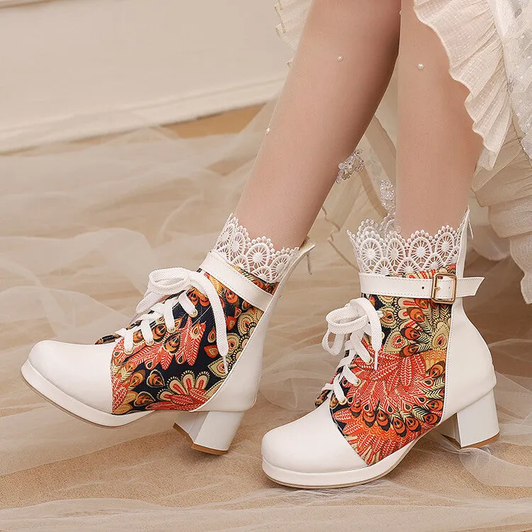 Women's Floral Printed Lace Block Heel Platform Ankle Boots