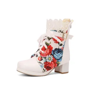 Women's Floral Printed Lace Block Heel Platform Ankle Boots