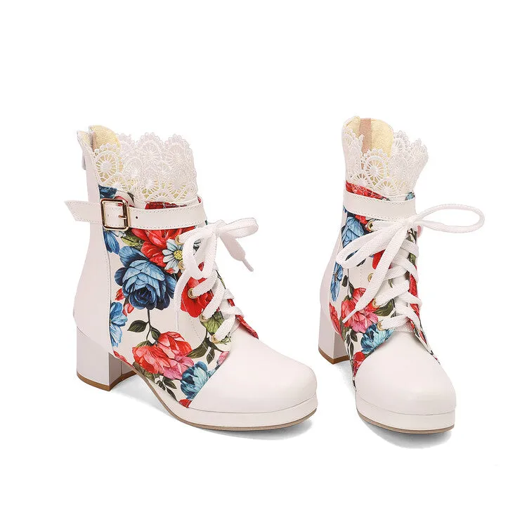 Women's Floral Printed Lace Block Heel Platform Ankle Boots