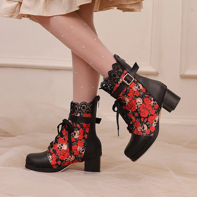 Women's Floral Printed Lace Block Heel Platform Ankle Boots