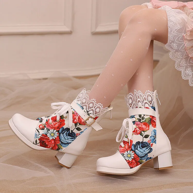 Women's Floral Printed Lace Block Heel Platform Ankle Boots