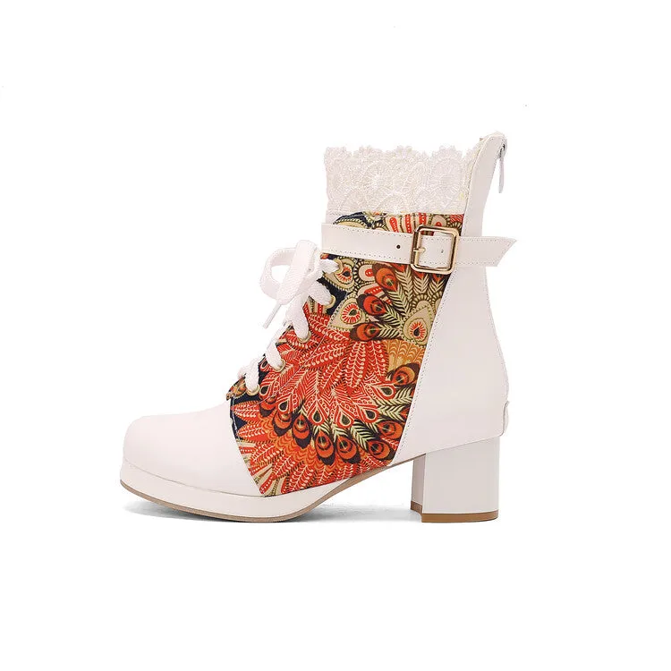 Women's Floral Printed Lace Block Heel Platform Ankle Boots