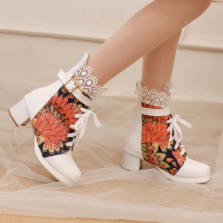 Women's Floral Printed Lace Block Heel Platform Ankle Boots