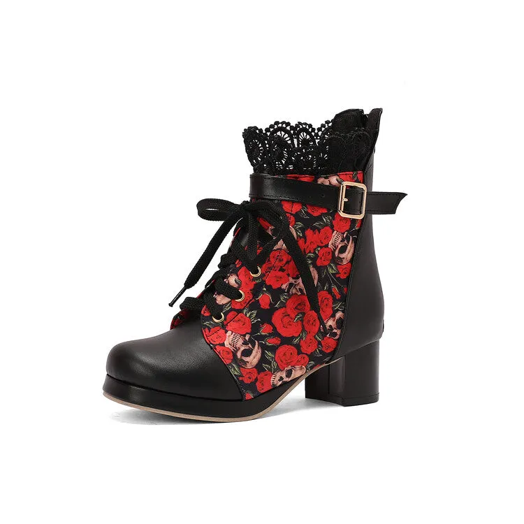 Women's Floral Printed Lace Block Heel Platform Ankle Boots