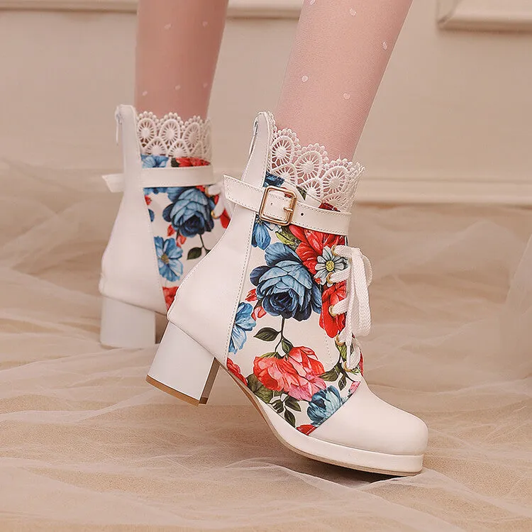 Women's Floral Printed Lace Block Heel Platform Ankle Boots