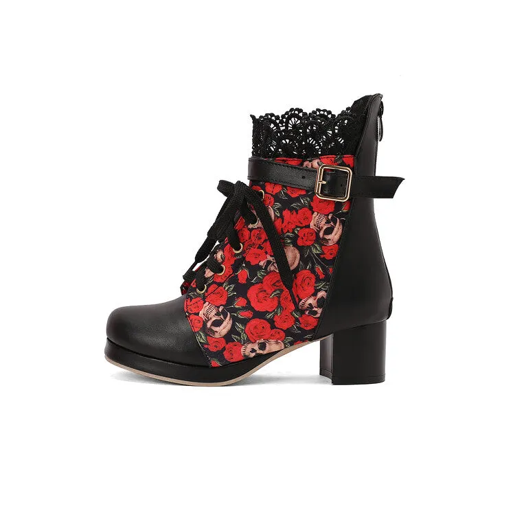 Women's Floral Printed Lace Block Heel Platform Ankle Boots