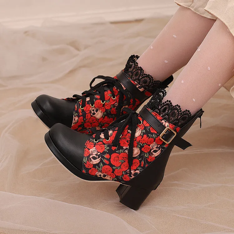 Women's Floral Printed Lace Block Heel Platform Ankle Boots
