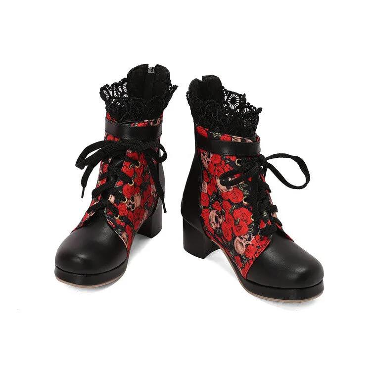Women's Floral Printed Lace Block Heel Platform Ankle Boots