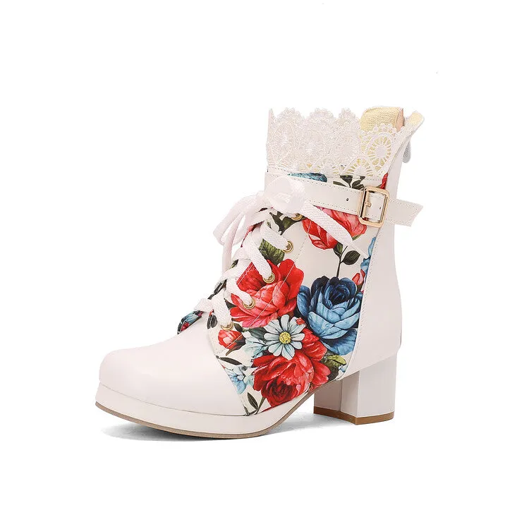 Women's Floral Printed Lace Block Heel Platform Ankle Boots