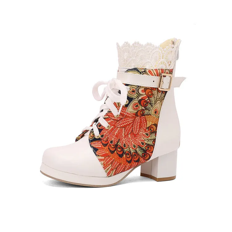 Women's Floral Printed Lace Block Heel Platform Ankle Boots