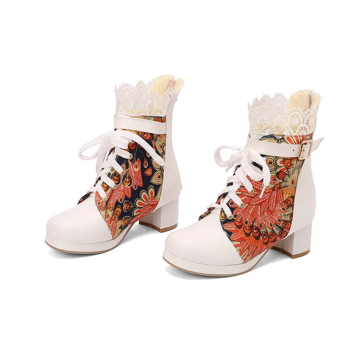Women's Floral Printed Lace Block Heel Platform Ankle Boots