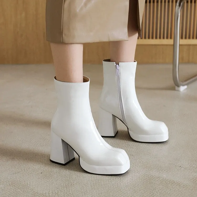 Women's Glossy Square Toe Block Chunky Heel Back Zippers Platform Short Boots