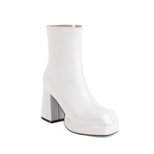 Women's Glossy Square Toe Block Chunky Heel Back Zippers Platform Short Boots
