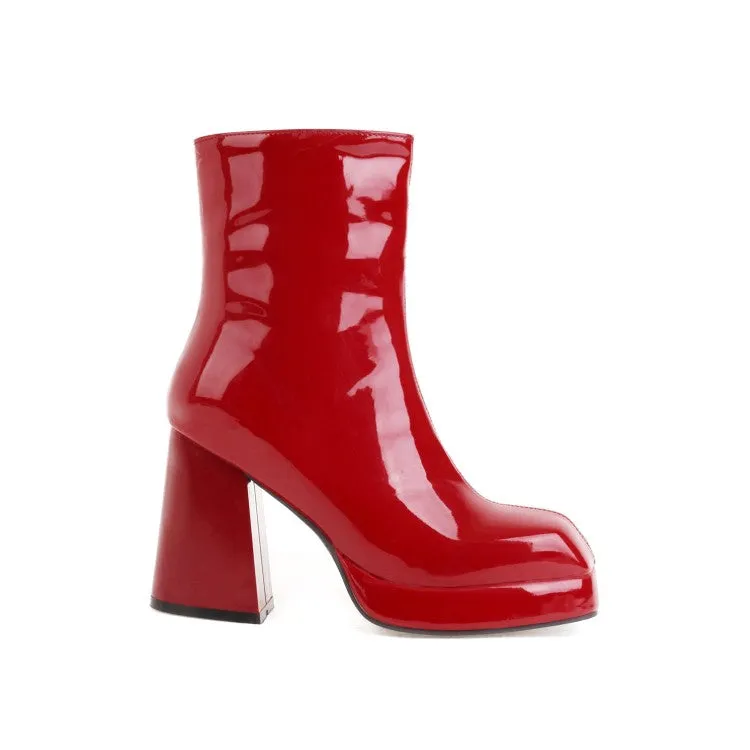 Women's Glossy Square Toe Block Chunky Heel Back Zippers Platform Short Boots