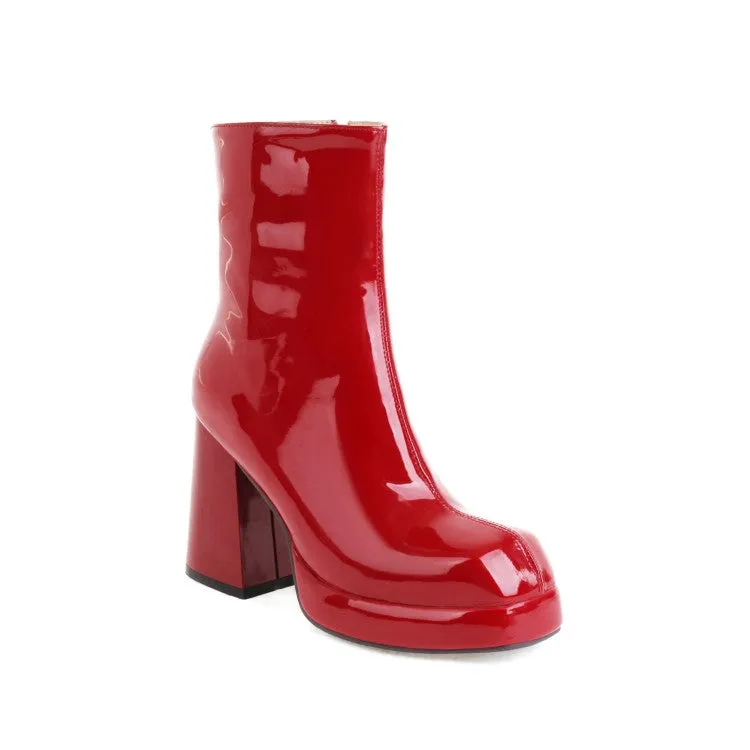 Women's Glossy Square Toe Block Chunky Heel Back Zippers Platform Short Boots