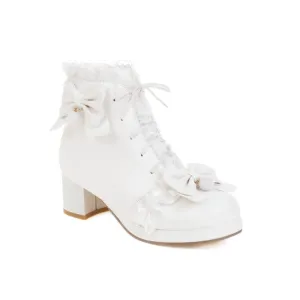 Women's Lace Bow Tie Tied Straps Block Chunky Heel Platform Ankle Boots