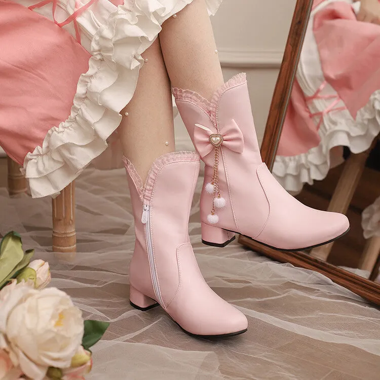Women's Lace Bows Round Toe Block Heel Mid Calf Boots
