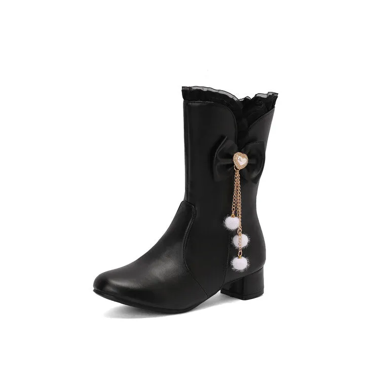 Women's Lace Bows Round Toe Block Heel Mid Calf Boots
