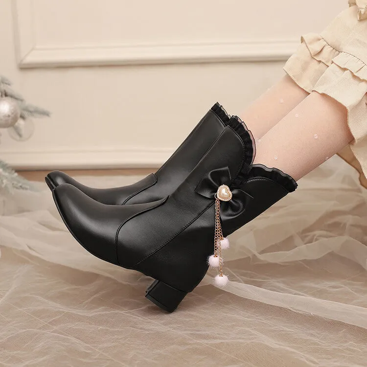 Women's Lace Bows Round Toe Block Heel Mid Calf Boots