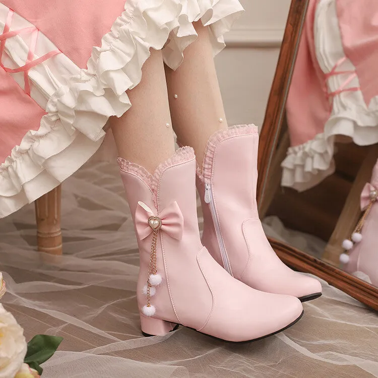 Women's Lace Bows Round Toe Block Heel Mid Calf Boots
