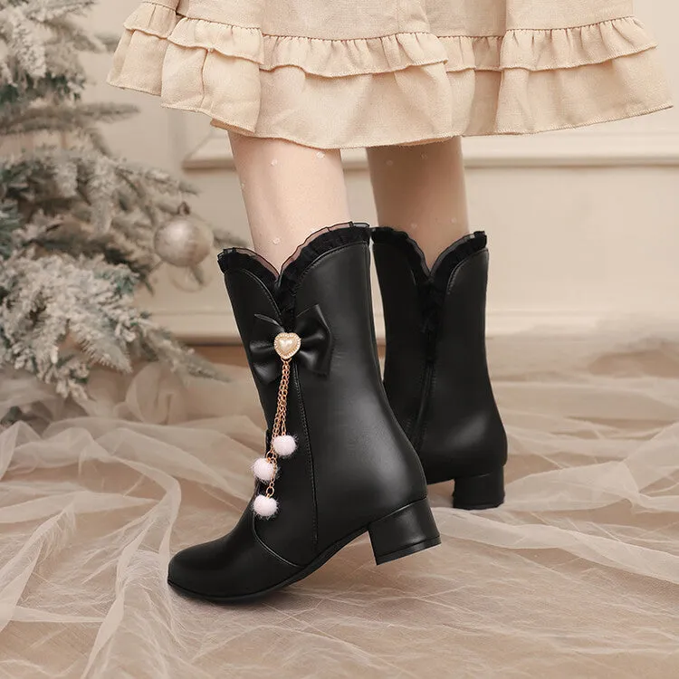 Women's Lace Bows Round Toe Block Heel Mid Calf Boots