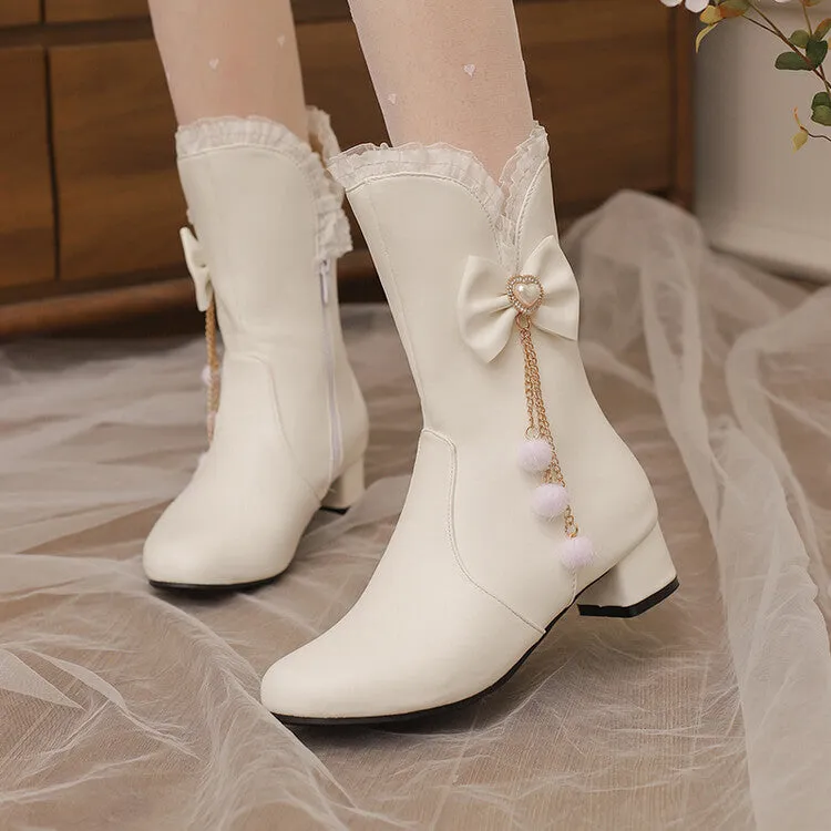 Women's Lace Bows Round Toe Block Heel Mid Calf Boots